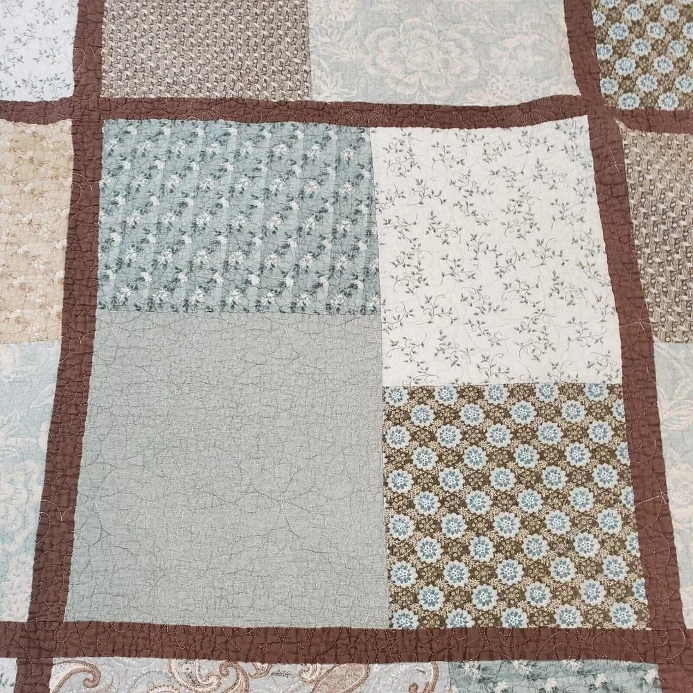Paisley Quilt Coverlet Full Size Floral Mixed‎ Prints Blue Brown 1 Sham Bedskirt